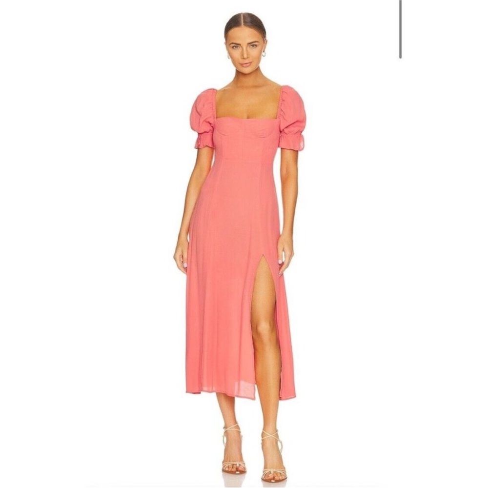 WeWoreWhat Coral Puff-Sleeve Square-Neck Midi Dress